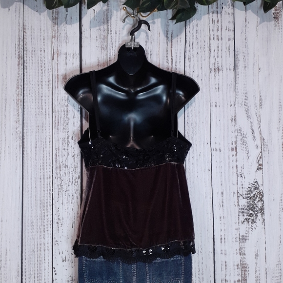 Waltex Spa fairy grunge spaghetti strap velvet blouse w/ sequins &  floral lace - Picture 9 of 15